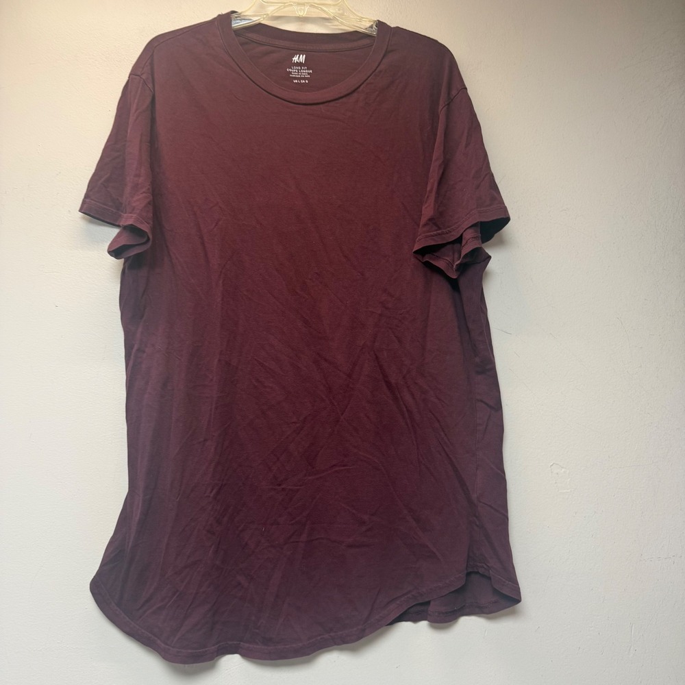 H&M T-Shirt Mens Large Burgundy Excellent Long Fit Crew Neck Cotton 14358